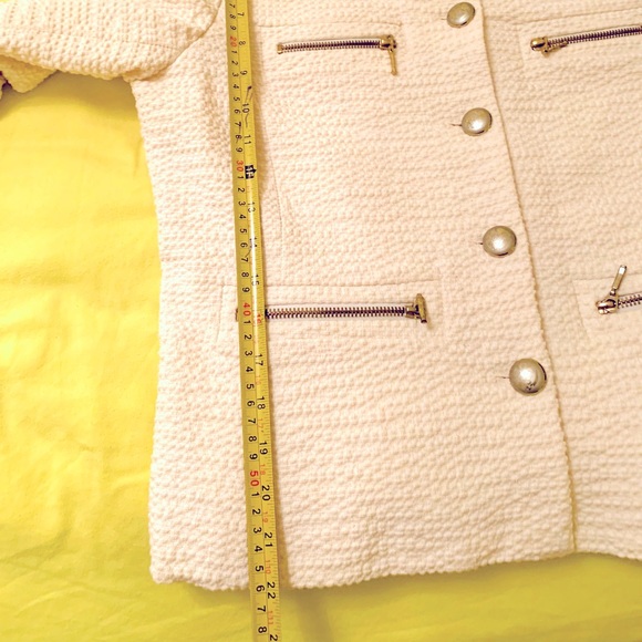 Zara Creamy Beige Cotton Tweed Blazer Metal Zippers Buttons Long Sleeve US M-L - Picture 13 of 13